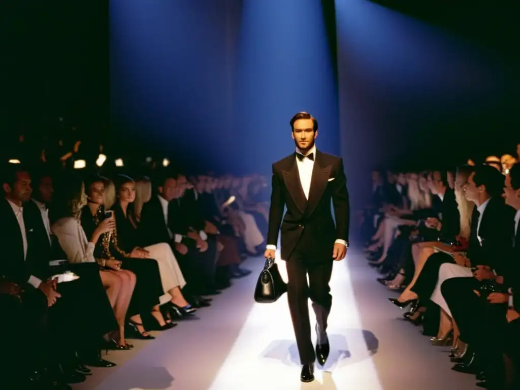 Un desfile icónico de Tom Ford para Gucci, marcando el renacimiento de la marca con trajes elegantes y cortes atrevidos en una atmósfera impactante