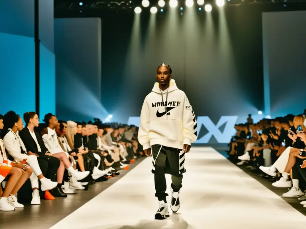 Desfile impactante de la colaboración Nike y OffWhite en la moda, con modelos luciendo diseños innovadores en la pasarela