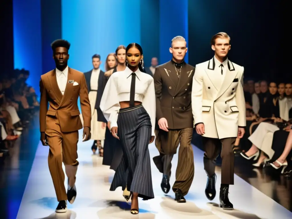 Desfile impactante de la propuesta unisex Jean Paul Gaultier, con modelos desfilando con confianza y estilo vanguardista