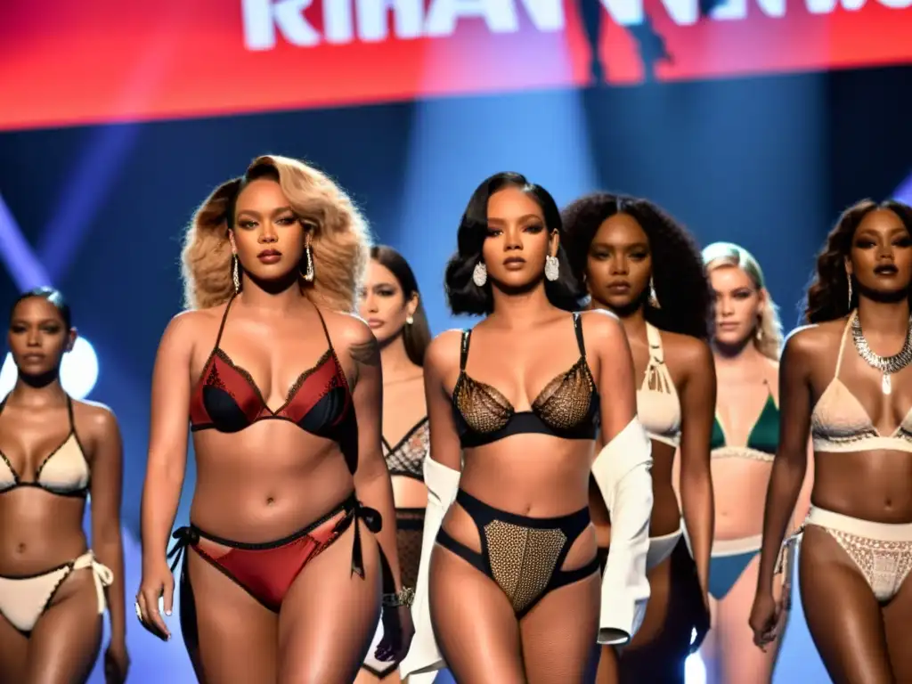 Desfile de lencería de Rihanna impacto cultural: Modelos diversos exhiben confianza y empoderamiento en la pasarela, celebrando la diversidad