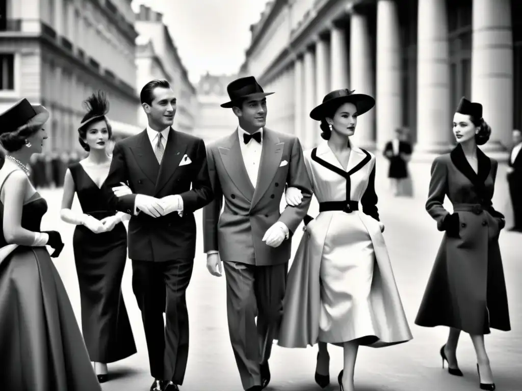 Desfile de moda en París, década de 1950, con elegantes modelos luciendo diseños icónicos inspirados en el cine europeo del siglo XX