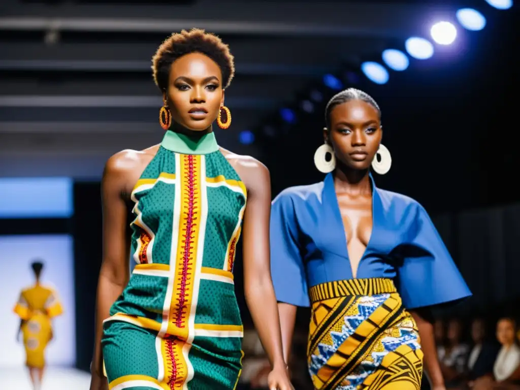 Desfile de moda africana contemporánea con modelos luciendo diseños vibrantes y empoderados, fusionando tradición y modernidad