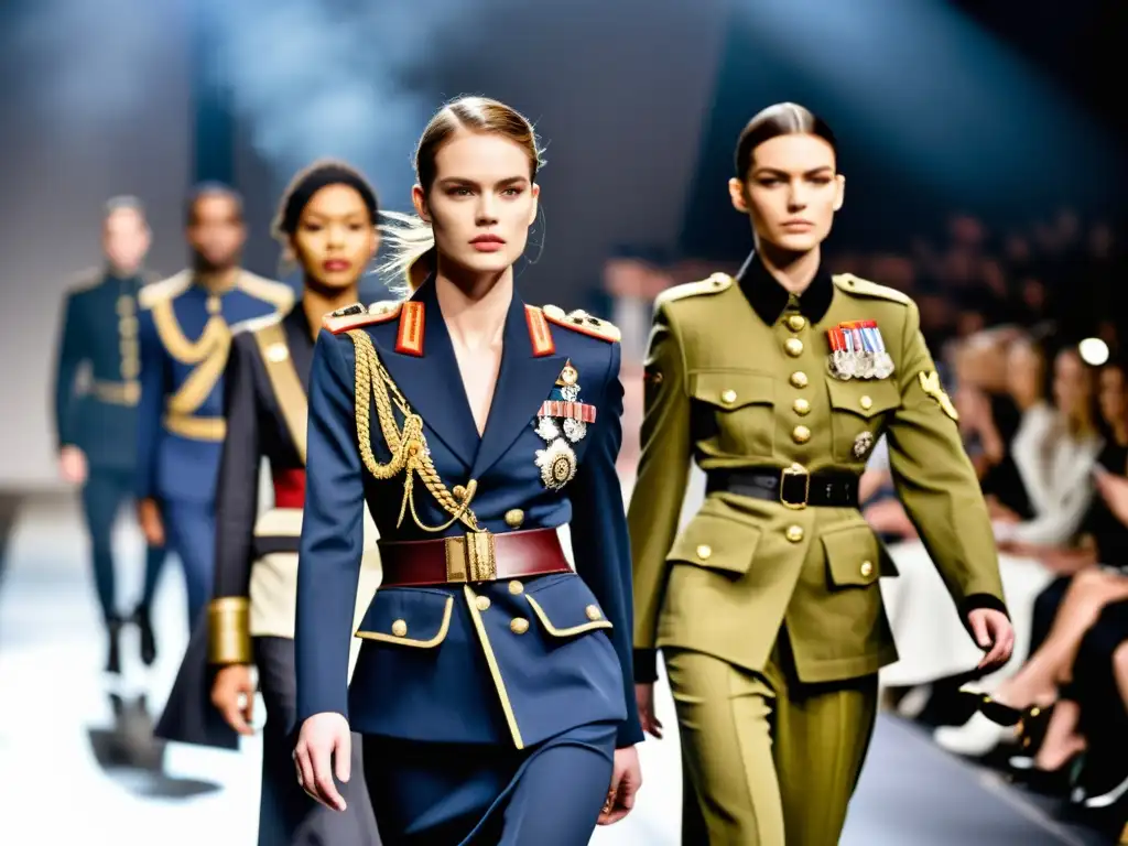 Desfile de moda de alta costura con influencia militar, impactante y poderoso