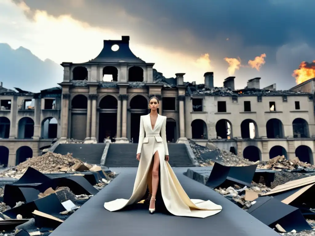 Desfile de moda de alta costura frente a una ciudad destruida, mostrando el impacto de la guerra en la industria de la moda