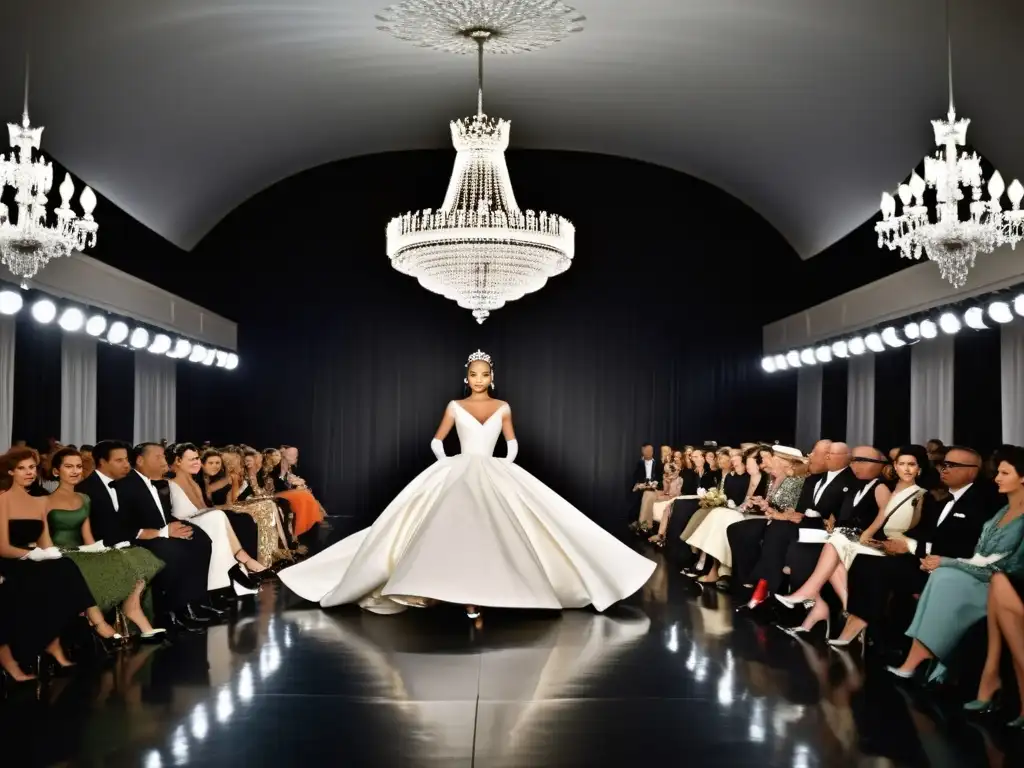 Desfile de moda de alta costura de los años 50, con modelos luciendo diseños elegantes y extravagantes en un opulento salón iluminado por candelabros