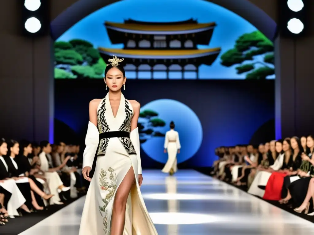 Desfile de moda de alta costura con impacto cultural del estilo japonés en evento de moda prestigioso, modelos con diseños japoneses innovadores