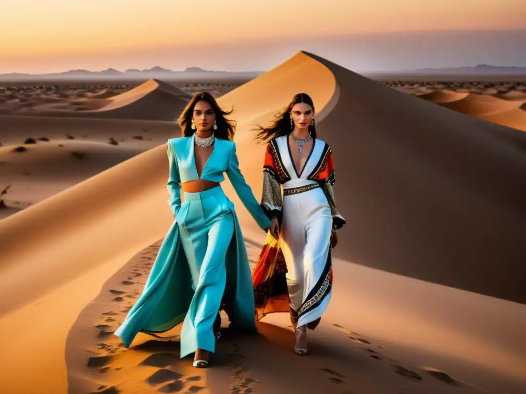 Un desfile de moda de alta costura en el opulento desierto del Medio Oriente con influencia de la moda beduina