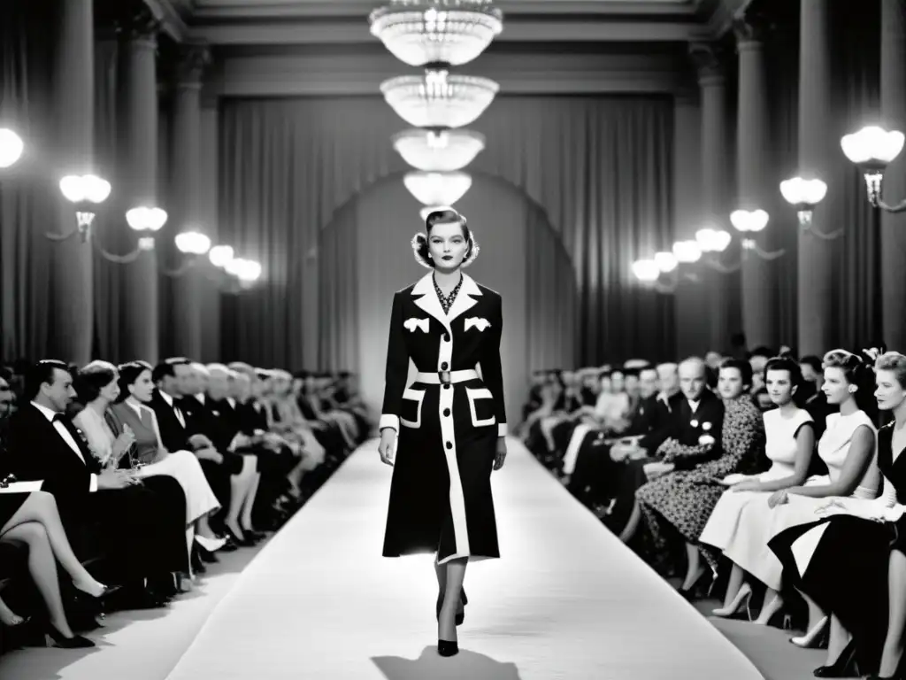 Desfile de moda de los años 50 en París con diseñadores icónicos moda europea, modelos elegantes y espectadores admirados