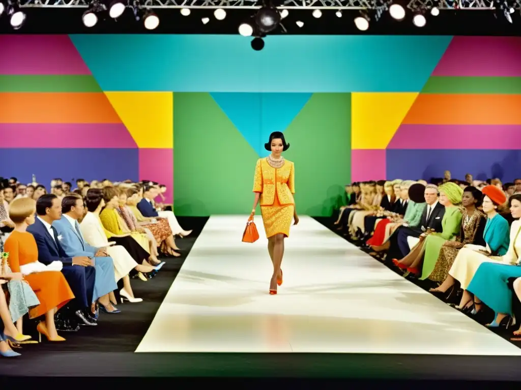 Desfile de moda de los años 60: impacto cultural y evolución de la moda a lo largo de las décadas, con colores vibrantes y diseños elegantes