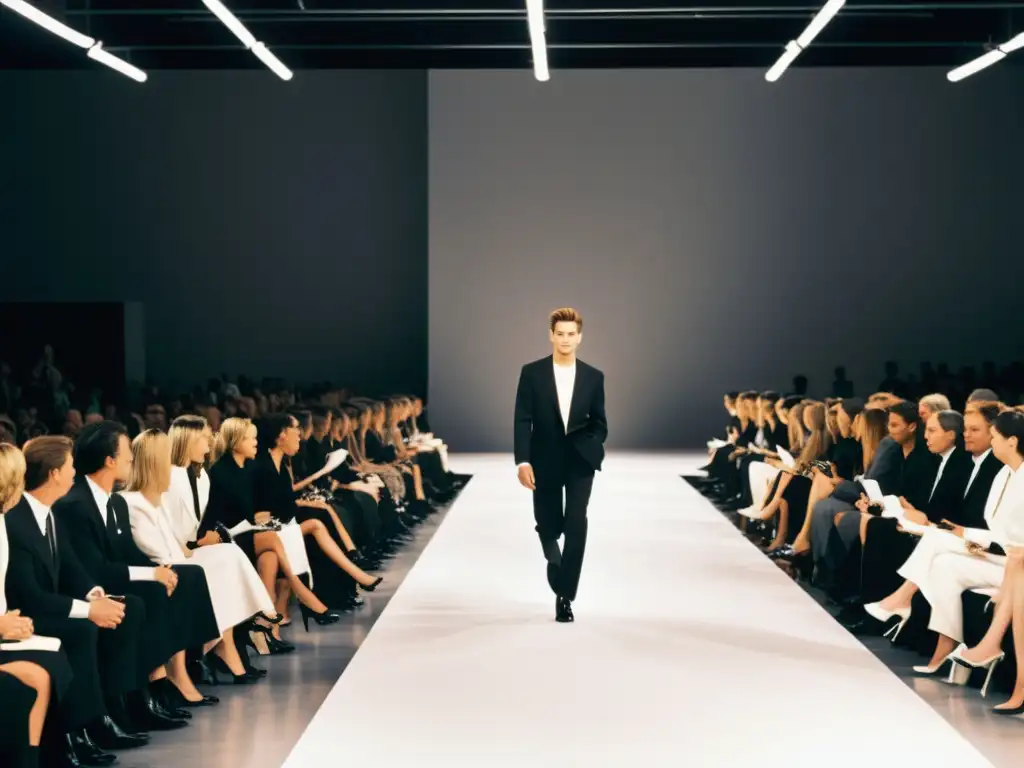 Desfile de moda en blanco y negro de la colección Calvin Klein años 90, con diseños minimalistas y elegancia atemporal