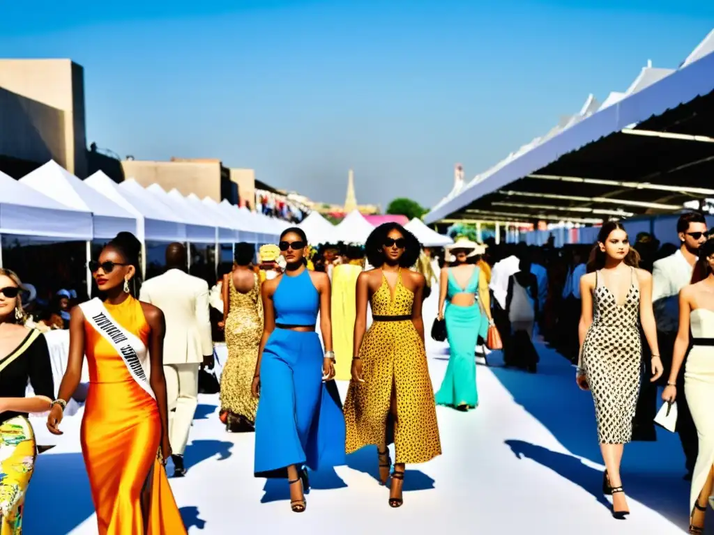 Desfile de moda en un bullicioso mercado emergente, con modelos luciendo creaciones únicas