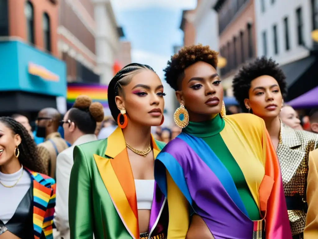 Un desfile de moda callejero con modelos diversos luciendo atuendos LGBTQ+ innovadores