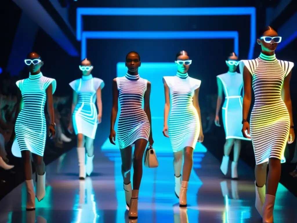 Desfile de moda con colaboraciones futuristas, tecnología impactante y modelos seguros de sí mismos, iluminados por luces de neón