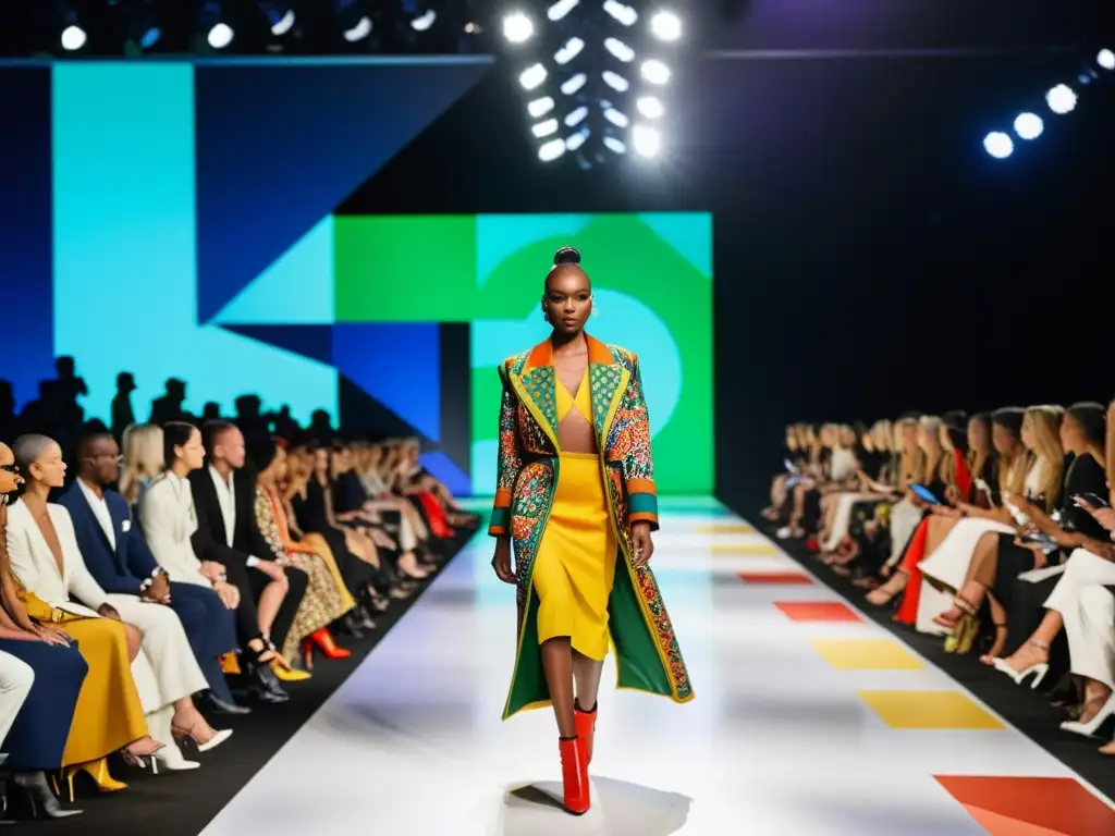 Pasarela de moda con diseños artísticos vibrantes Desfile de moda con colaboraciones icónicas que marcaron historia, fusionando arte y creatividad en diseños vanguardistas y vibrantes