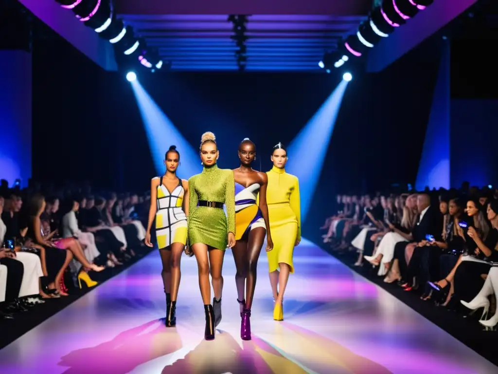 Desfile de moda con colaboraciones de marcas cosméticas en una pasarela iluminada con luces dramáticas