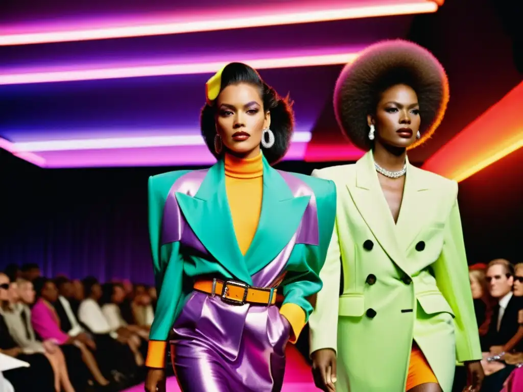 Desfile de moda de los 80 con colores vibrantes, diseños extravagantes y espíritu audaz