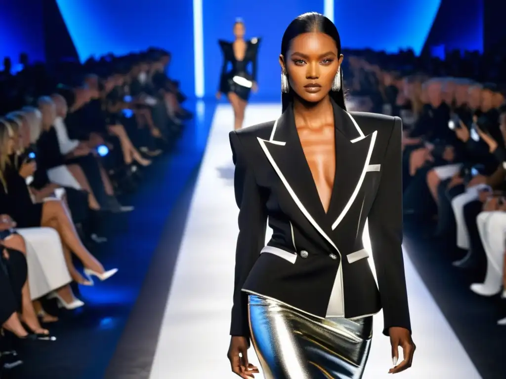 Desfile de moda de Thierry Mugler: un conjunto impactante con blazer negro y falda plateada