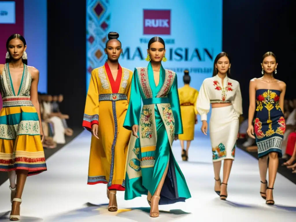 Desfile de moda contemporánea con identidad cultural malasia en pasarela