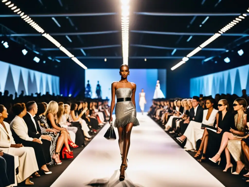 Desfile de moda contemporánea con impacto cultural en la historia: modelos diversificados luciendo diseños únicos en una pasarela con luces brillantes