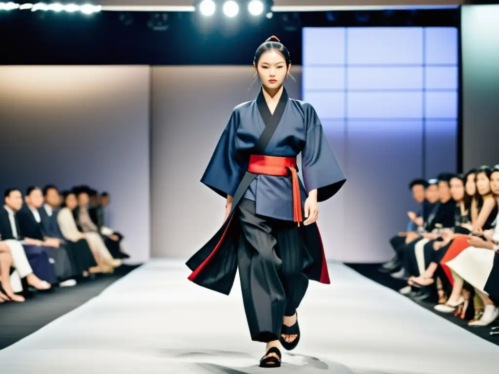 Desfile de moda contemporánea con influencia del Aikido, modelos lucen hakama japonesa mientras desfilan con confianza