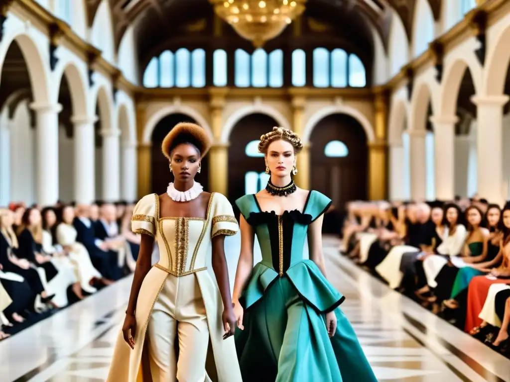 Desfile de moda contemporánea con influencia de la moda renacentista en un majestuoso salón histórico