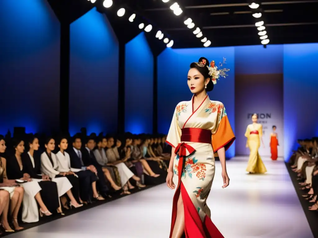 Desfile de moda con fusión cultural en tendencias moda: modelos lucen diseños innovadores de alta costura que combinan elementos de Oriente y Occidente