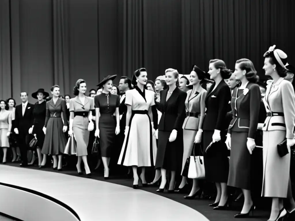 Desfile de moda de la década de 1940, modelos elegantes y público refinado