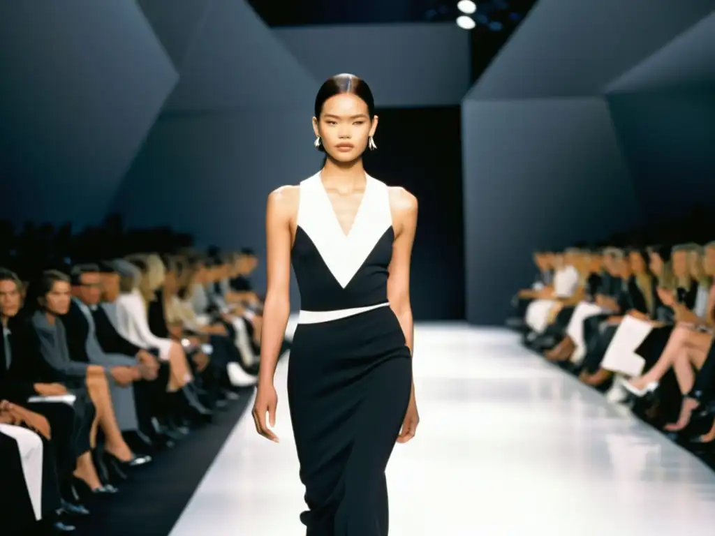 Desfile de moda de la colección Calvin Klein años 90, con diseños minimalistas en una pasarela en blanco y negro