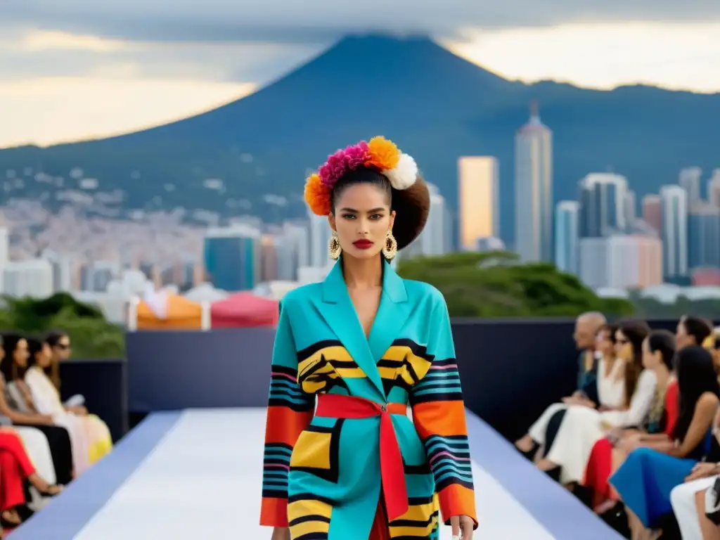 Desfile de moda en Latinoamérica con diseños vibrantes y vanguardistas, reflejando la expansión internacional de las semanas de moda