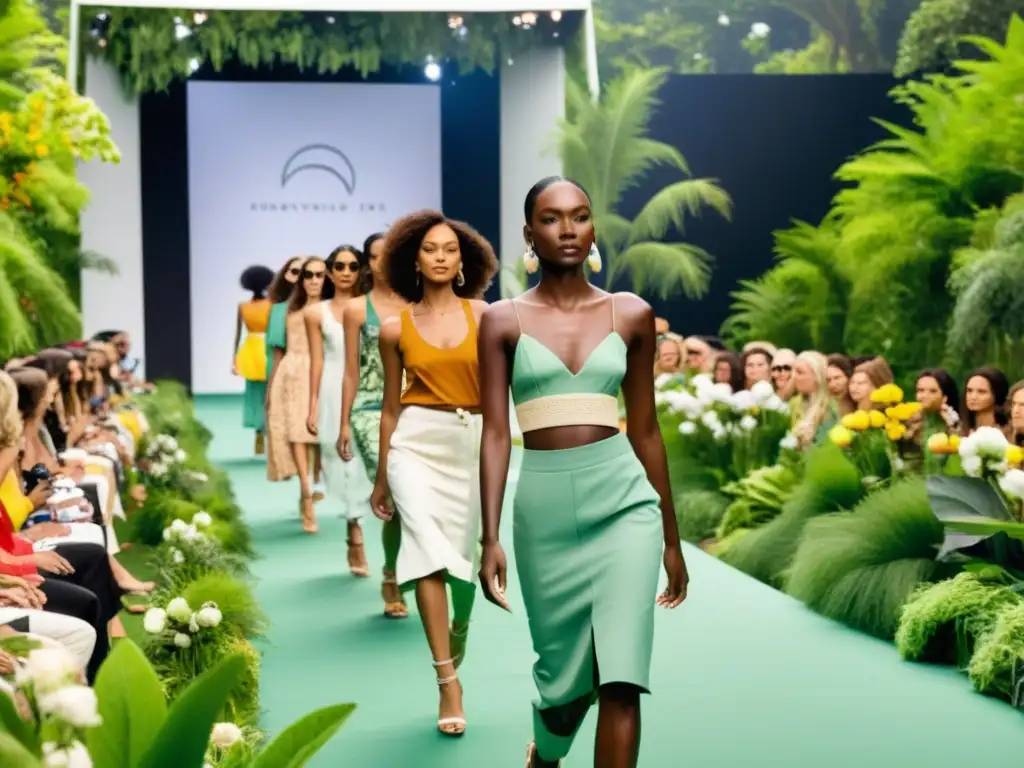 Desfile de moda ecológica en un entorno natural con modelos luciendo prendas sostenibles