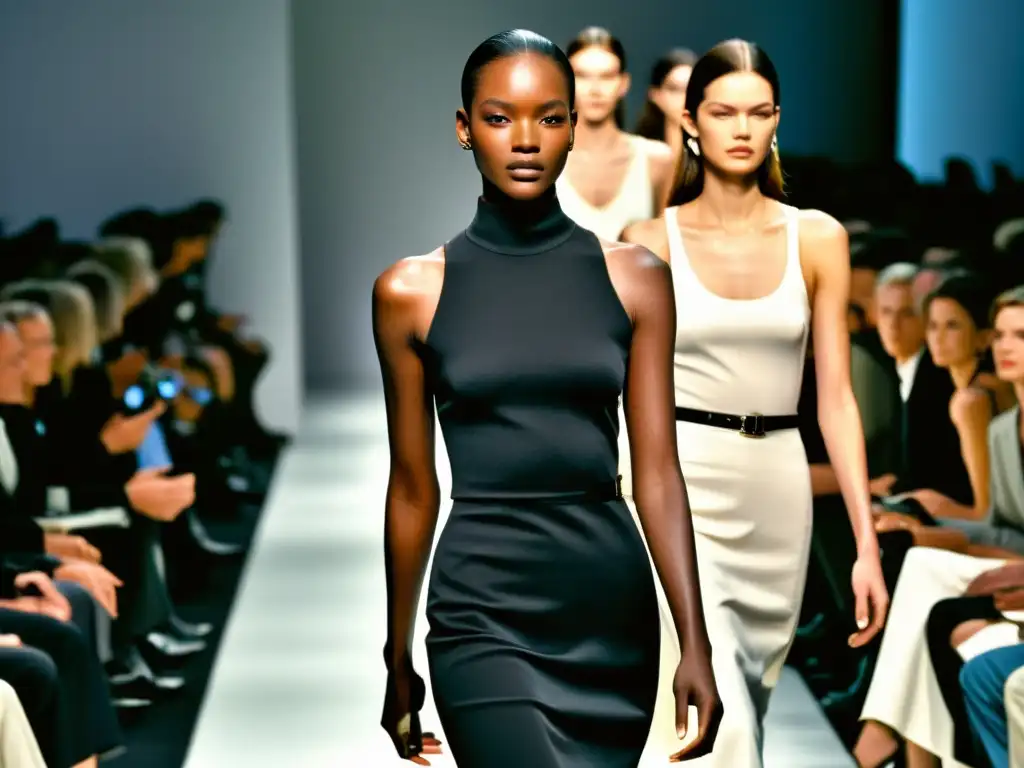 Desfile de moda de la colección Calvin Klein años 90 con elegancia minimalista y modelos seguras