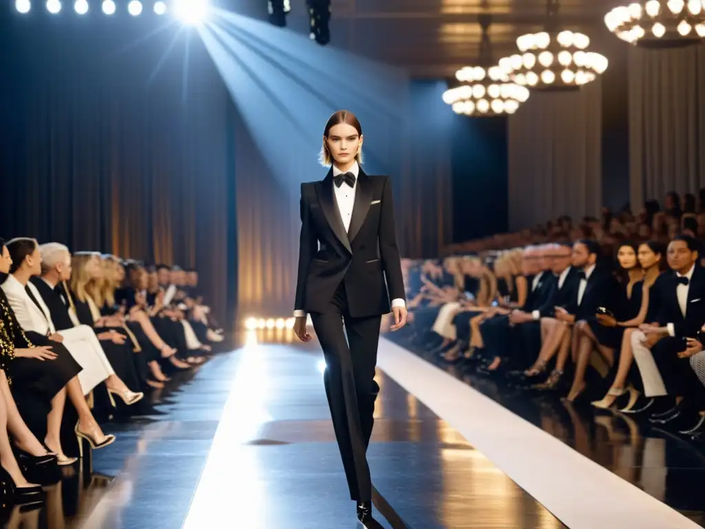 Desfile de moda con esmoquin femenino de Yves Saint Laurent, derrochando elegancia y confianza en la pasarela, con un público admirativo al fondo