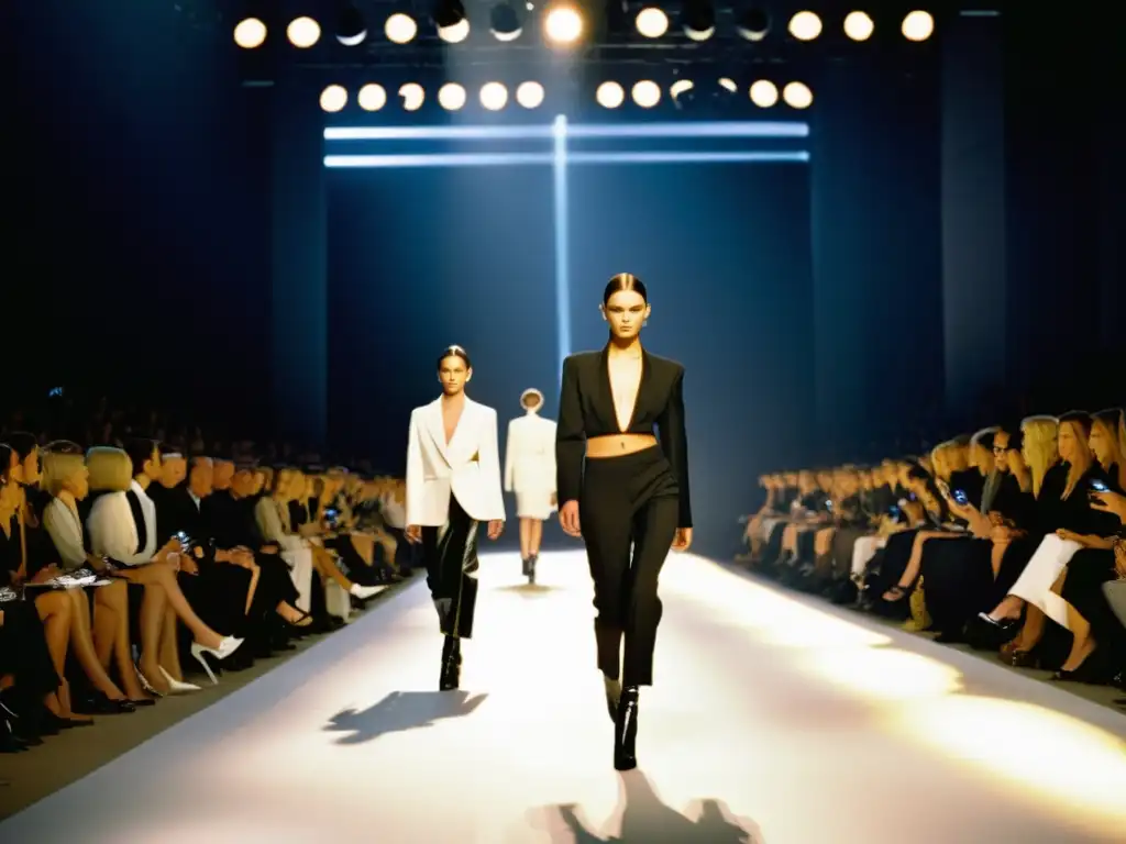 Desfile de moda europea en los años 2000: contrastes entre minimalismo y exceso en la pasarela, con modelos y espectadores