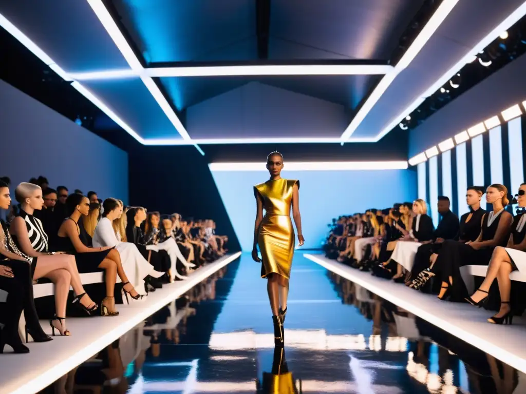 Desfile de moda futurista con diseño vanguardista en un espacio industrial, capturando la energía e innovación del futurismo en moda