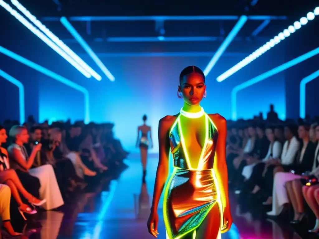 Desfile de moda futurista con innovaciones tecnológicas en la moda, modelos vistiendo prendas tech y luces LED, ambiente innovador en la pasarela