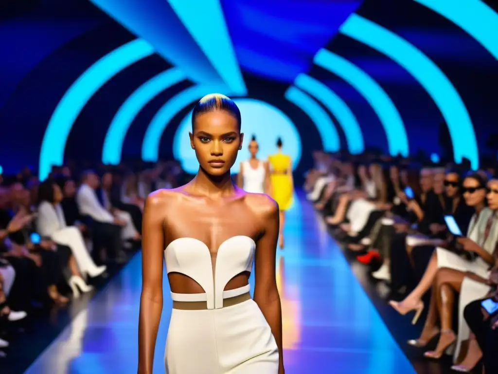 Desfile de moda futurista con gamificación en la pasarela, modelos y público en un ambiente etéreo y vibrante