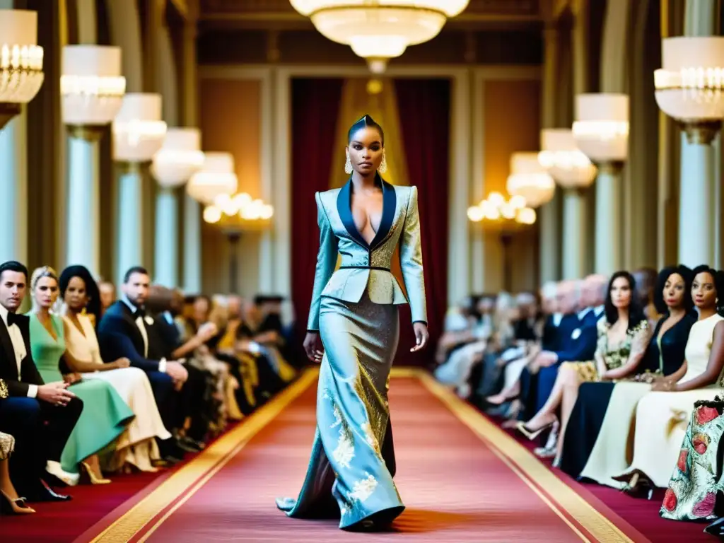 Desfile de moda histórica con impacto cultural estampados alta costura en lujoso salón decorado