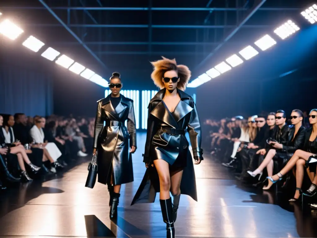 Desfile de moda impactante con influencia de 'Matrix', modelos en trench coats negros, estilos futuristas y accesorios vanguardistas