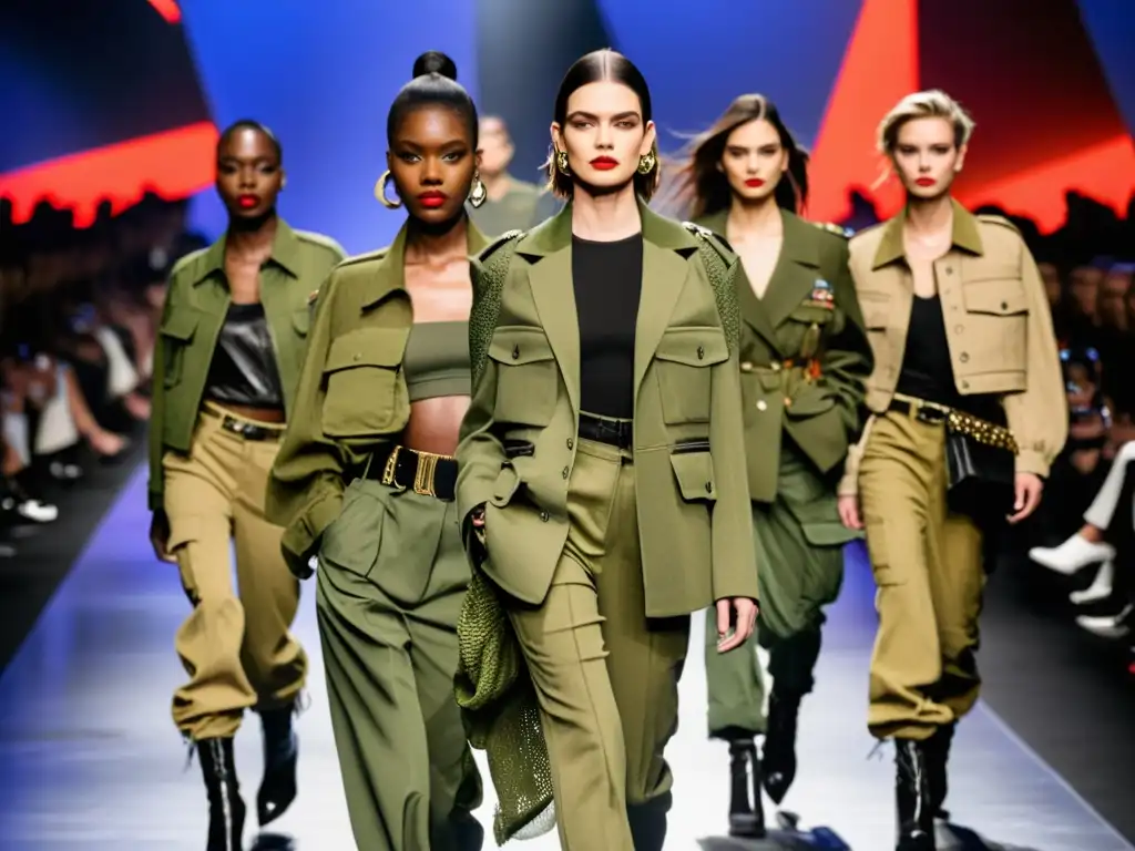 Desfile de moda con impacto de indumentaria militar en moda civil, modelos con atuendos militares y maquillaje llamativo