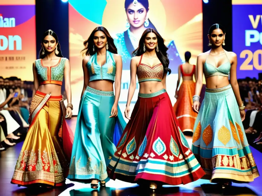 Desfile de moda india influenciada por Bollywood, con modelos deslumbrantes y atuendos tradicionales vibrantes en una escena animada de Mumbai