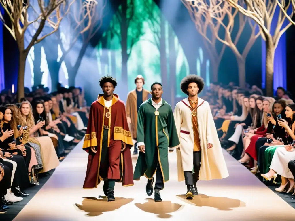 Un desfile de moda con influencia de Harry Potter, jóvenes con atuendos mágicos y modernos, mientras caminan entre árboles encantados