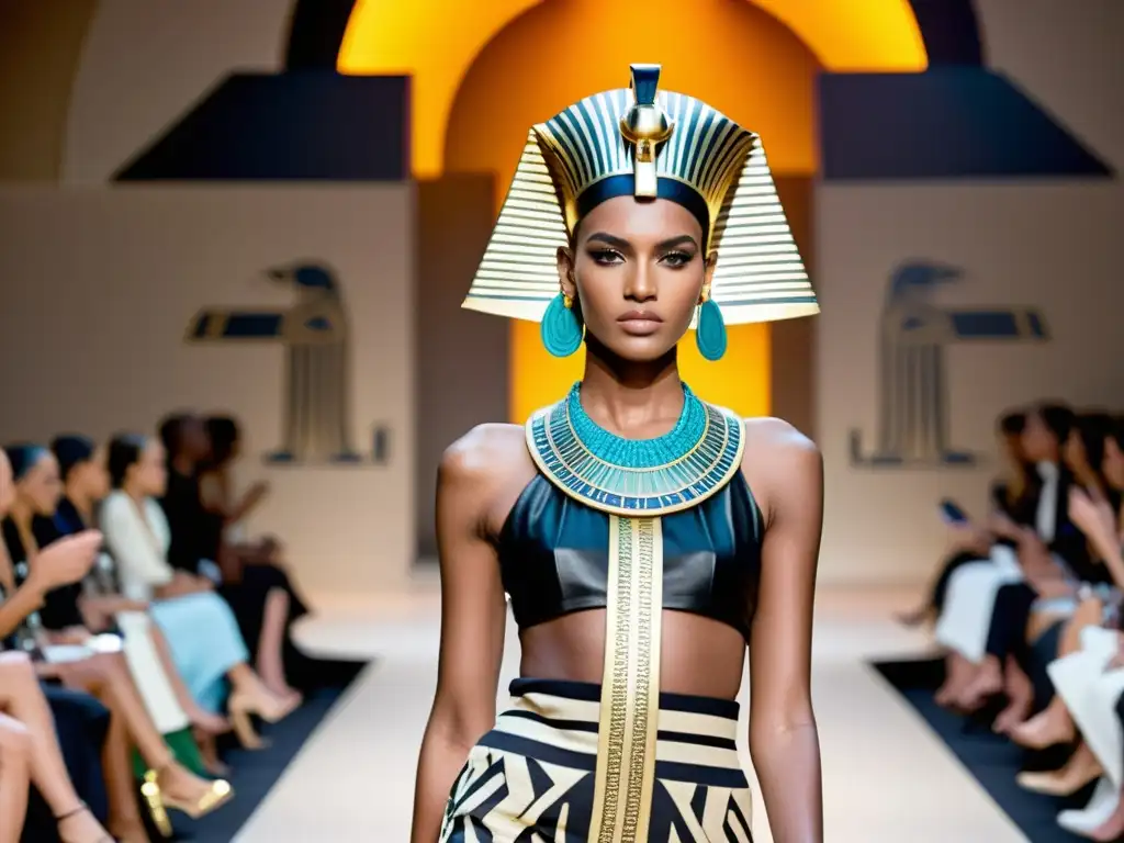 Desfile de moda con influencia de Cleopatra, modelos con atuendos egipcios y poses poderosas