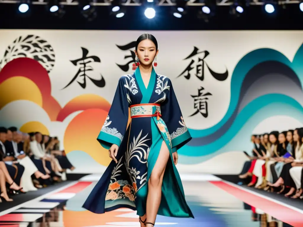 Desfile de moda con influencia de la caligrafía oriental en elegantes prendas, modelos capturados en movimiento