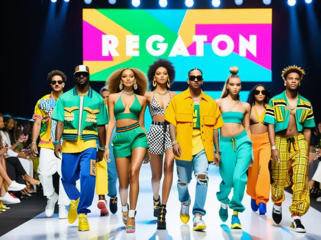 Desfile de moda con influencia del reguetón, fusionando estilo urbano y alta costura, impacto del reguetón en la moda