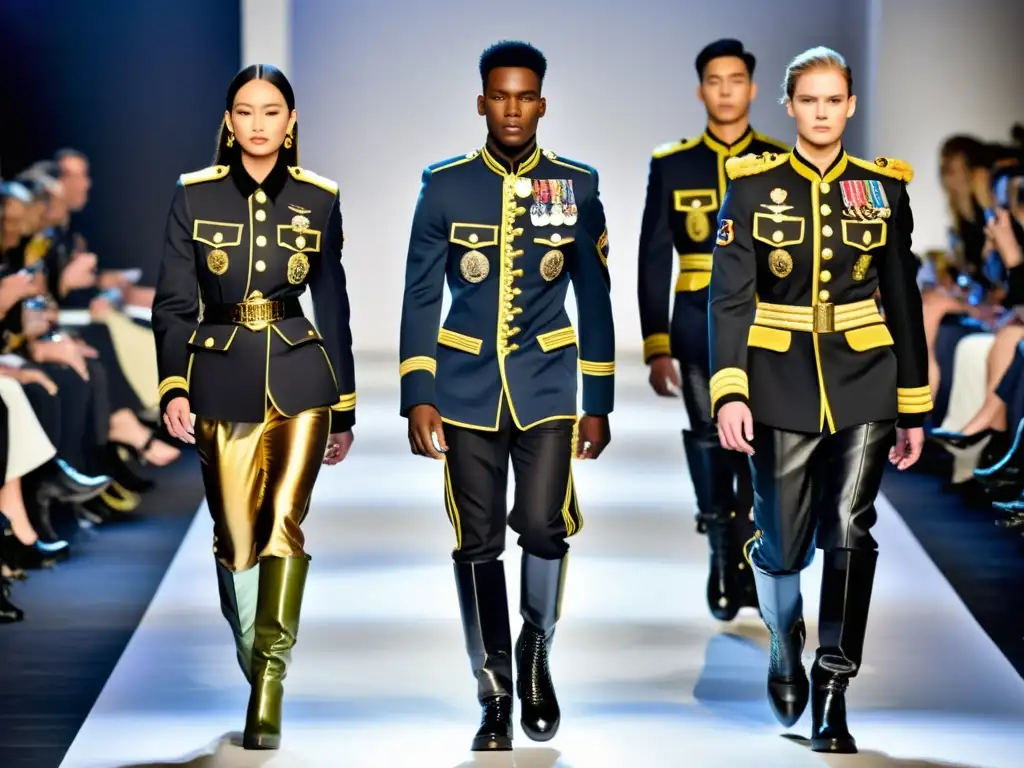 Desfile de moda con influencia de uniformes militares, diseño sofisticado y elegante
