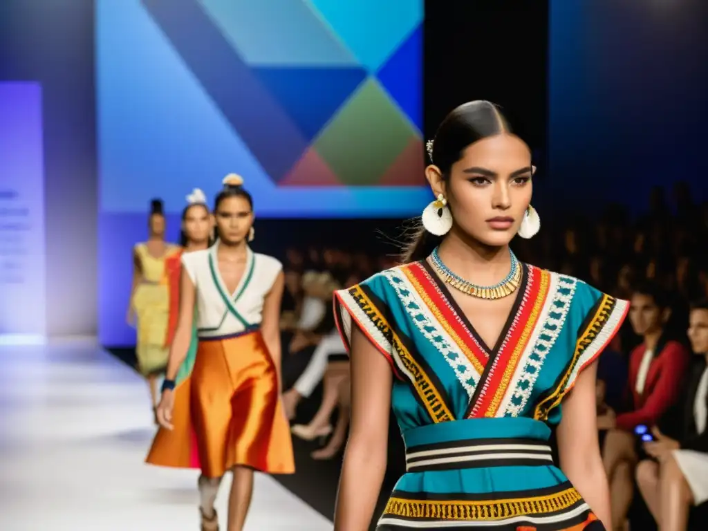 Desfile de moda en Latinoamérica con influencias mestizas, modelos lucen atuendos tradicionales y contemporáneos en una pasarela vibrante