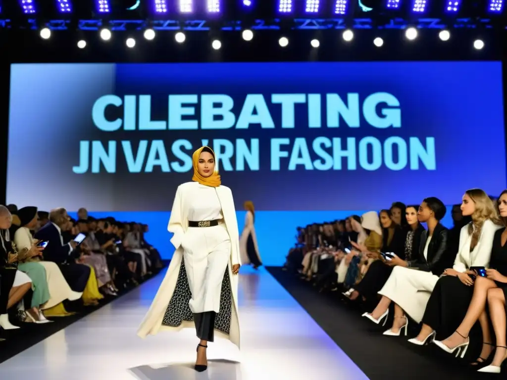 Desfile de moda islámica en pasarelas occidentales: modelos con hijabs deslumbran con diseños elegantes y la audiencia diversa los aplaude con respeto