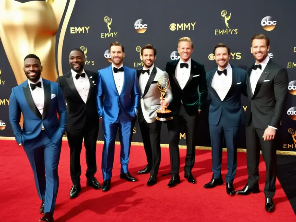 Un desfile de moda masculina en la alfombra roja de los Premios Emmy, mostrando las tendencias de moda en televisión con elegancia y estilo