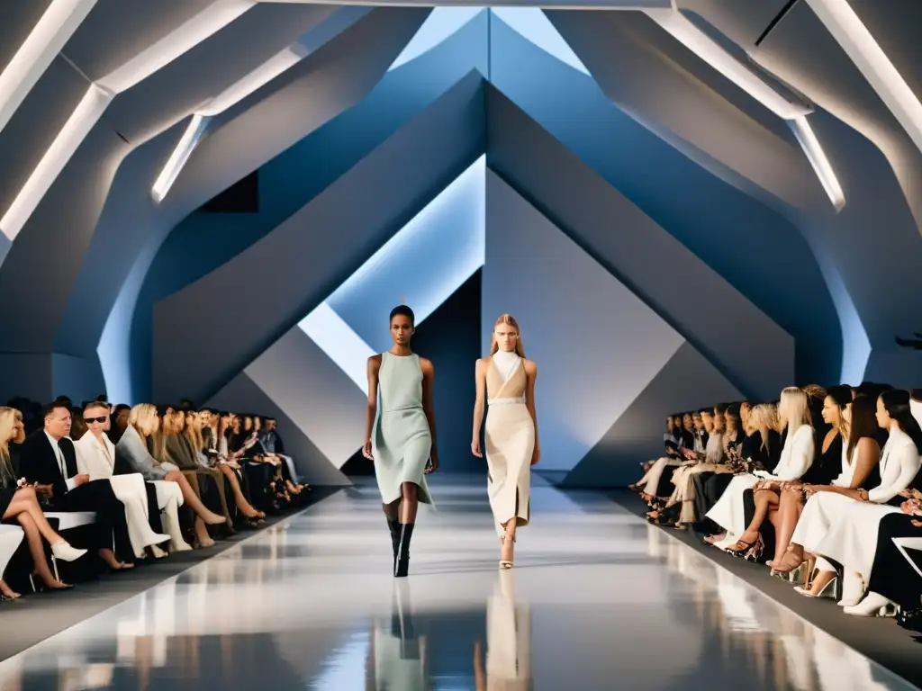 Desfile de moda escandinava minimalista actual con modelos elegantes y diseño moderno en tonos suaves