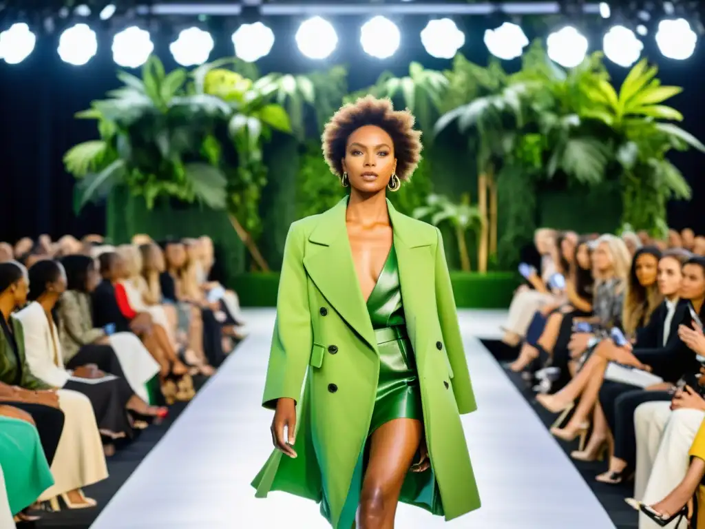 Desfile de moda con moda sostenible en pasarelas, fusionando alta moda y responsabilidad ambiental